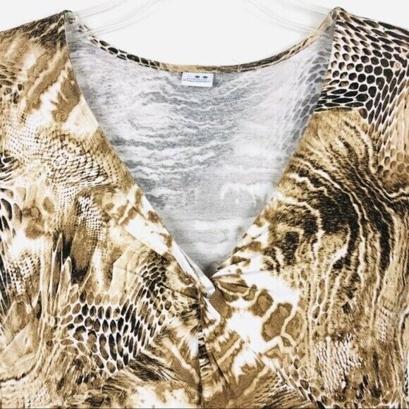 Three Dots Knot Front Snake Print Top 3/4 Sleeves S Brown V-Neck - Picture 7 of 7